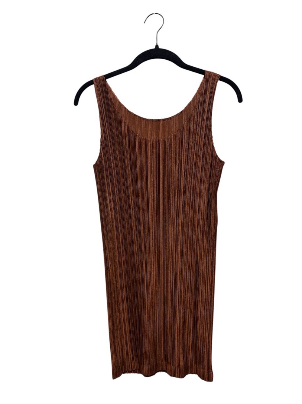 Issey Miyake Brown Pleated Sleeveless Shift Dress